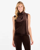 Octavia Velvet Top Espresso by Jude Connally, style 3081017, brown velvet top showing draped cowl neckline, front close-up