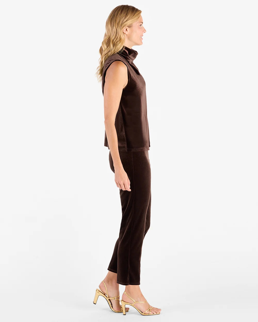 Octavia Velvet Top Espresso by Jude Connally, style 3081017, brown sleeveless velvet top with draped neck, side view