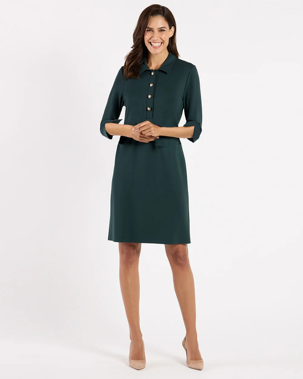  Midge Dress Pine Gold by Jude Connally, style 104916, pine-green dress with point collar and gold buttons, full view close-up