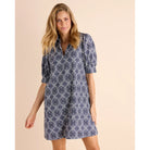 Emerson Dress navy and white medallion tile print mini, ruffle collar, puff sleeves, shift silhouette - Marj & Lizzie