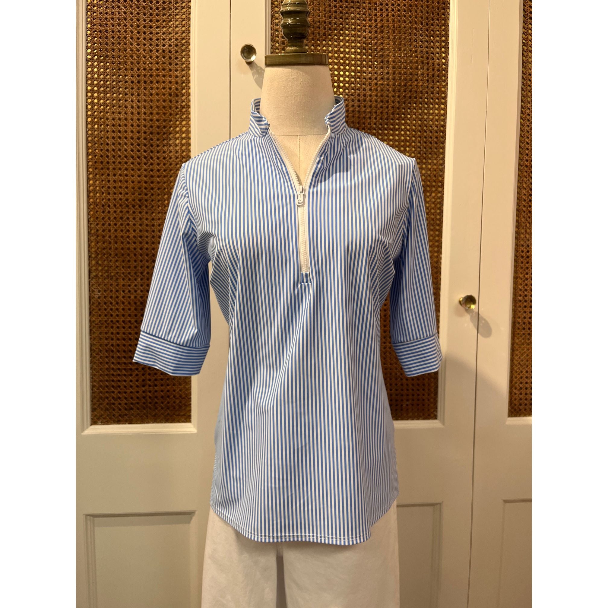 Jude Connally Juliet Top in pinstripe periwinkle, lightweight sleeveless blouse with a fitted silhouette and subtle stripe pattern.