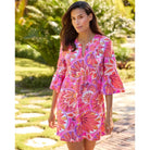 Jude Connelly Kerry Dress in stained glass hot pink and gold, sleeveless dress with a flowing silhouette and vibrant pattern.