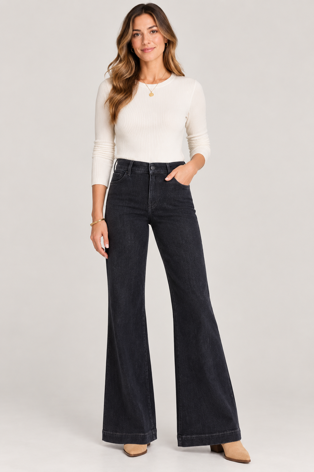 Ana High Rise Trouser Wide Hem by Kut from the Kloth in black, full front view