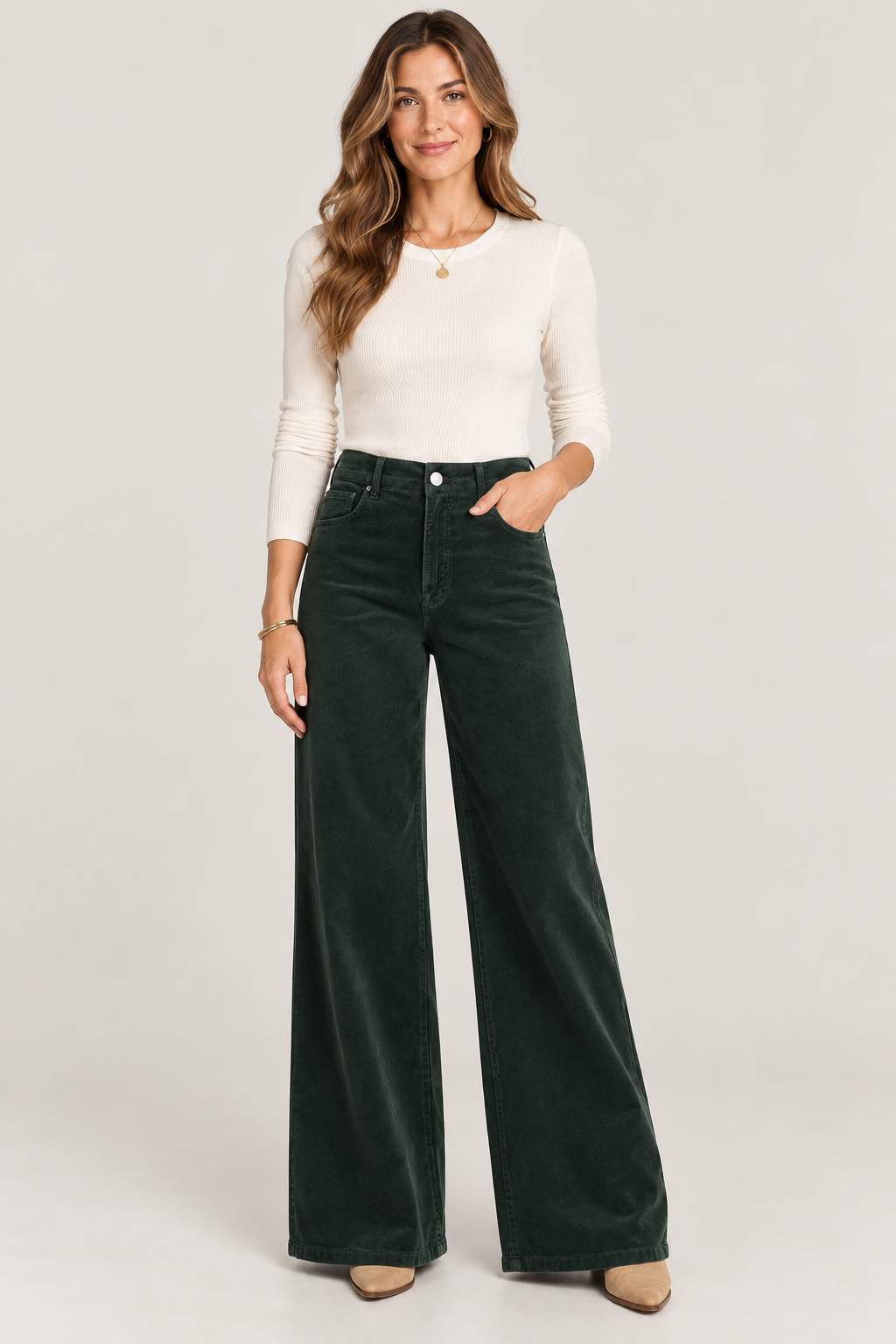 Meg High Rise Fab Ab Wide Leg pants by Kut from the Kloth in evergreen, front view. Style#KG1516MG3L