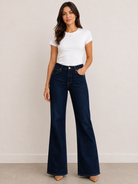 Kut from the Kloth Ana Dark Wash high-rise flare jeans, front view, dark indigo denim