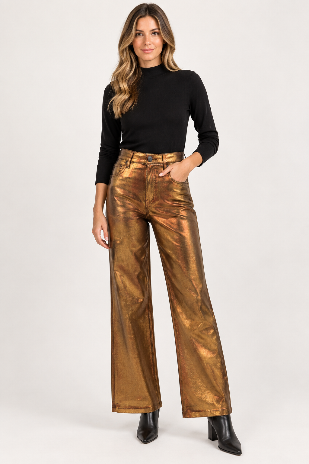 Kelly Ankle Flare Bronze by Kut from the Kloth, front view showing high-rise waist and bronze coated finish
