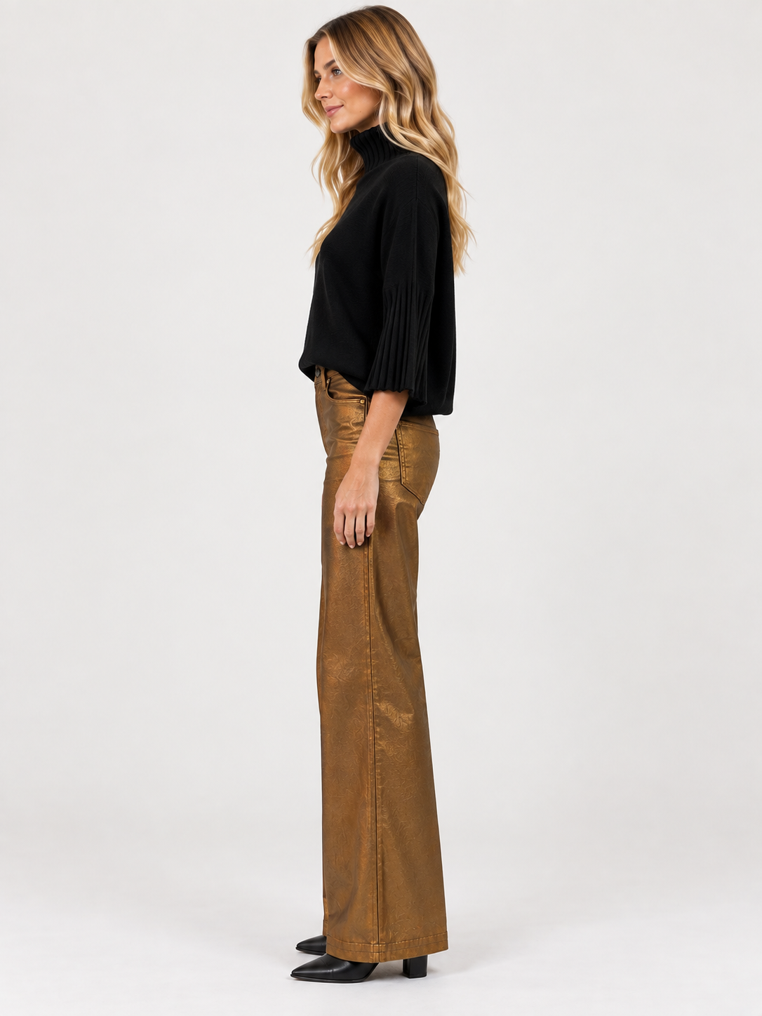 Kelly Ankle Flare Bronze by Kut from the Kloth, front view showing high-rise waist and bronze coated finish