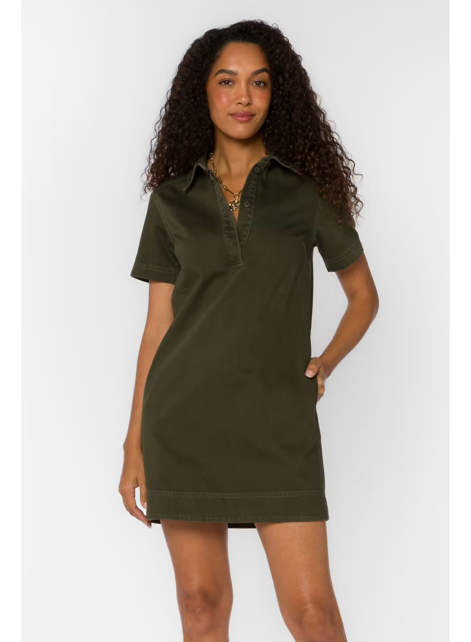  Macayle Dress by Velvet Heart — olive green 100% cotton mini dress with spread collar, short sleeves, and side seam pockets