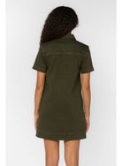 Macayle Dress by Velvet Heart — back view of olive green cotton mini dress with spread collar and short sleeves