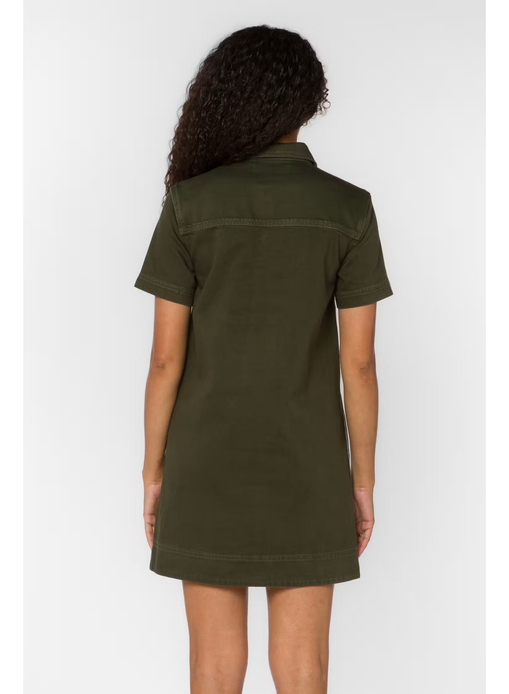Macayle Dress by Velvet Heart — back view of olive green cotton mini dress with spread collar and short sleeves