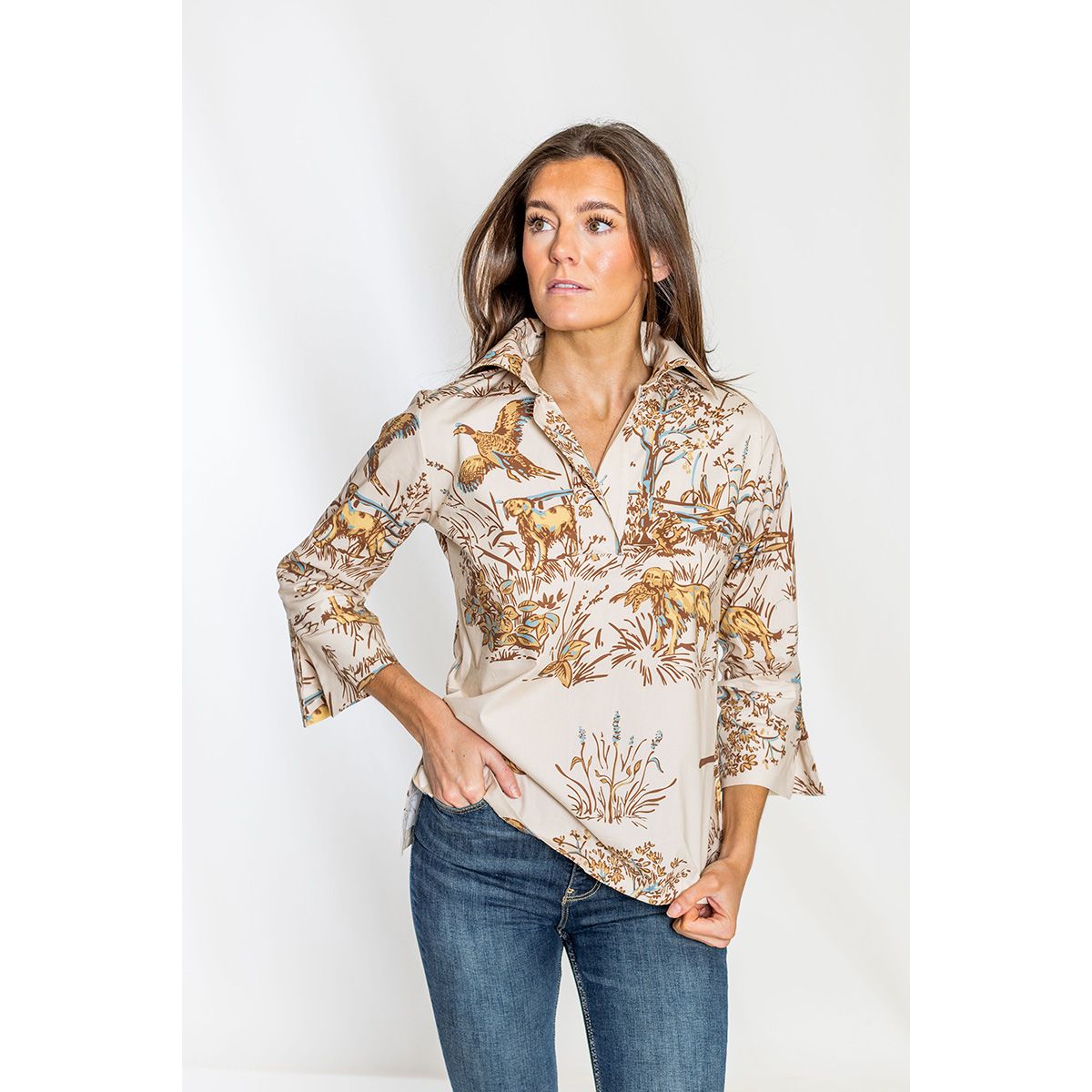 Maple Field and Feather Ruthie Top — hunting toile print, cream and brown, V-neck placket, bell sleeves