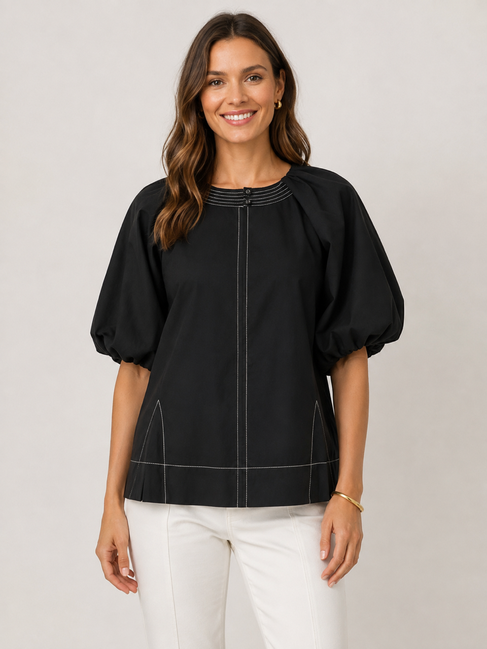 Mia Top by THML - black puff sleeve with front opening style#WCT3955