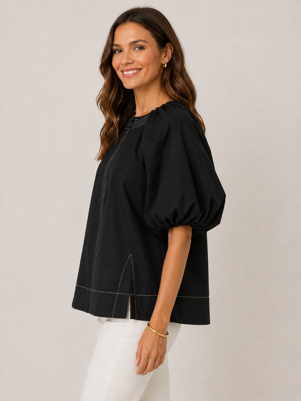 Mia Top by THML - black puff sleeve with front opening style#WCT3955