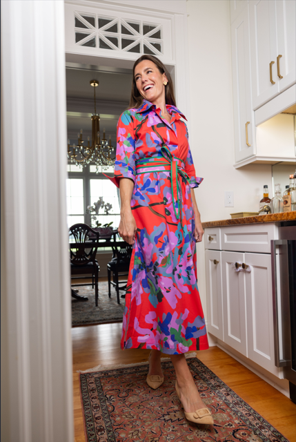 Obi Sash Miss Scarlet by House of MBR, styled at natural waist over the Miss Scarlet Ruthie Shirt Dress Long, wide waist sash tied in a knot at the front, bold red abstract floral print in lavender purple blue teal and green