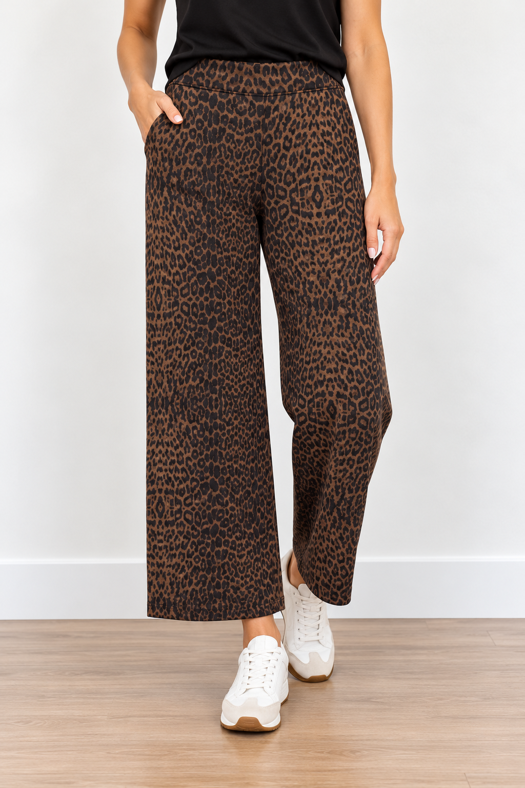 Mona Lisa Pants by Molly Bracken in brown and black leopard print with wide legs and side pockets, front view