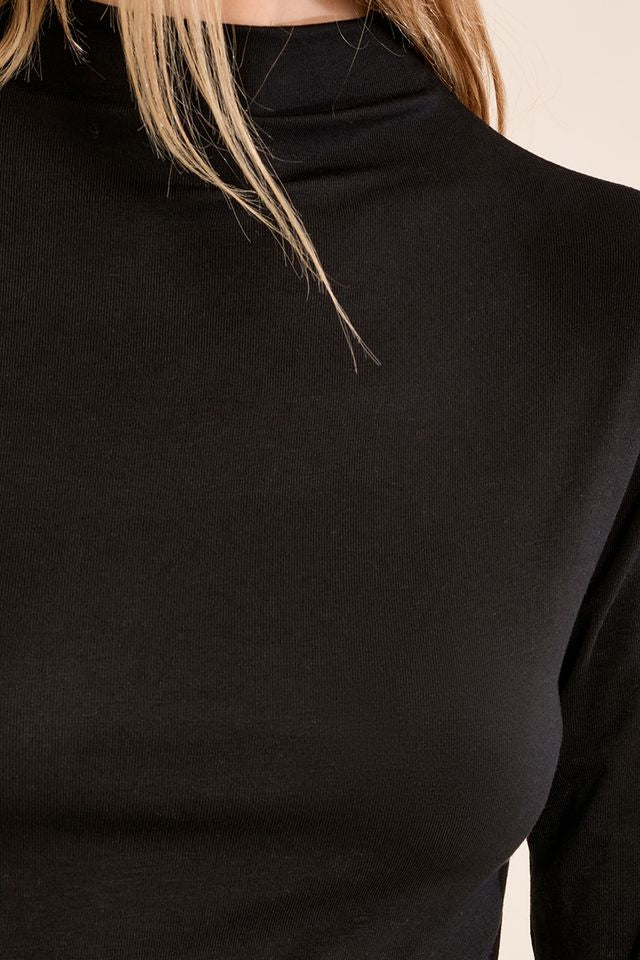  Nancy Top by Molly Bracken in Black, zoom view, fitted mock turtleneck, long sleeves with subtle shoulder ruching, slim silhouette, fine ribbed texture style # EF1662EN