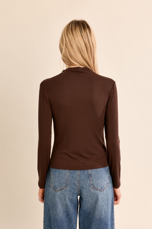 Nancy Top by Molly Bracken in Chocolate Brown, back view, fitted mock turtleneck, long sleeves with subtle shoulder ruching, slim silhouette, fine ribbed texture Style # EF1662EN