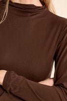 Nancy Top by Molly Bracken in Chocolate Brown, zoom view, fitted mock turtleneck, long sleeves with subtle shoulder ruching, slim silhouette, fine ribbed texture Style # EF1662EN