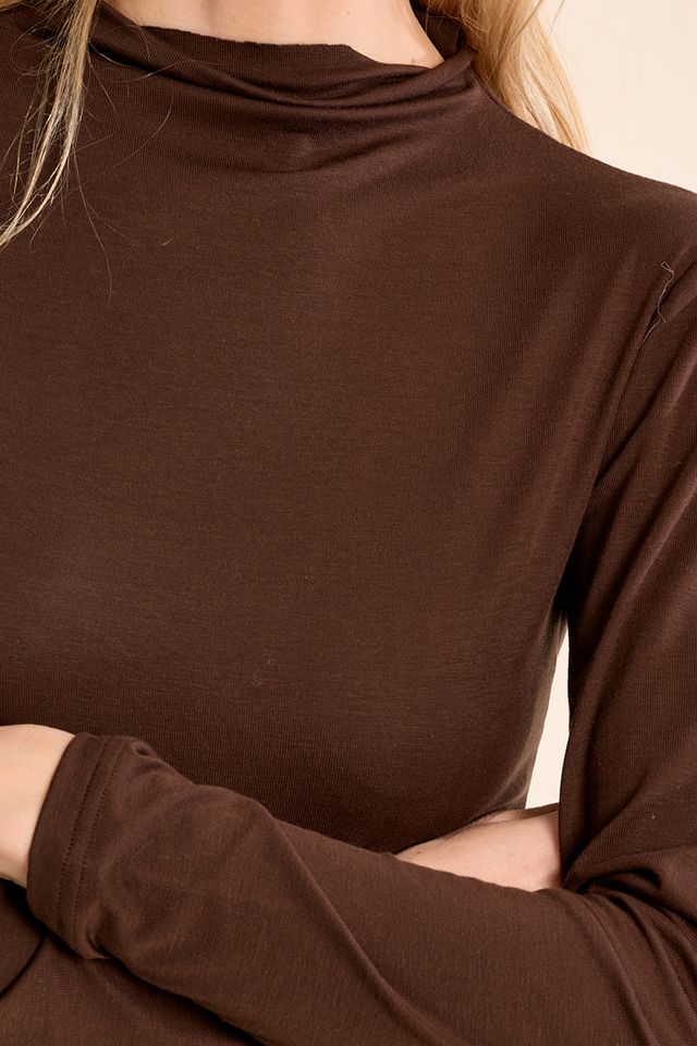 Nancy Top by Molly Bracken in Chocolate Brown, zoom view, fitted mock turtleneck, long sleeves with subtle shoulder ruching, slim silhouette, fine ribbed texture Style # EF1662EN