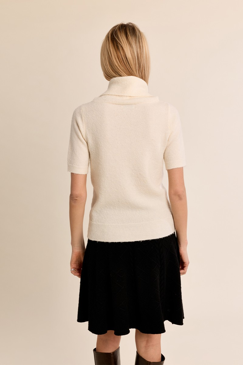 Ivy Sweater by Molly Bracken in cream, short sleeve knit with cowl neck and ribbed hem, back view