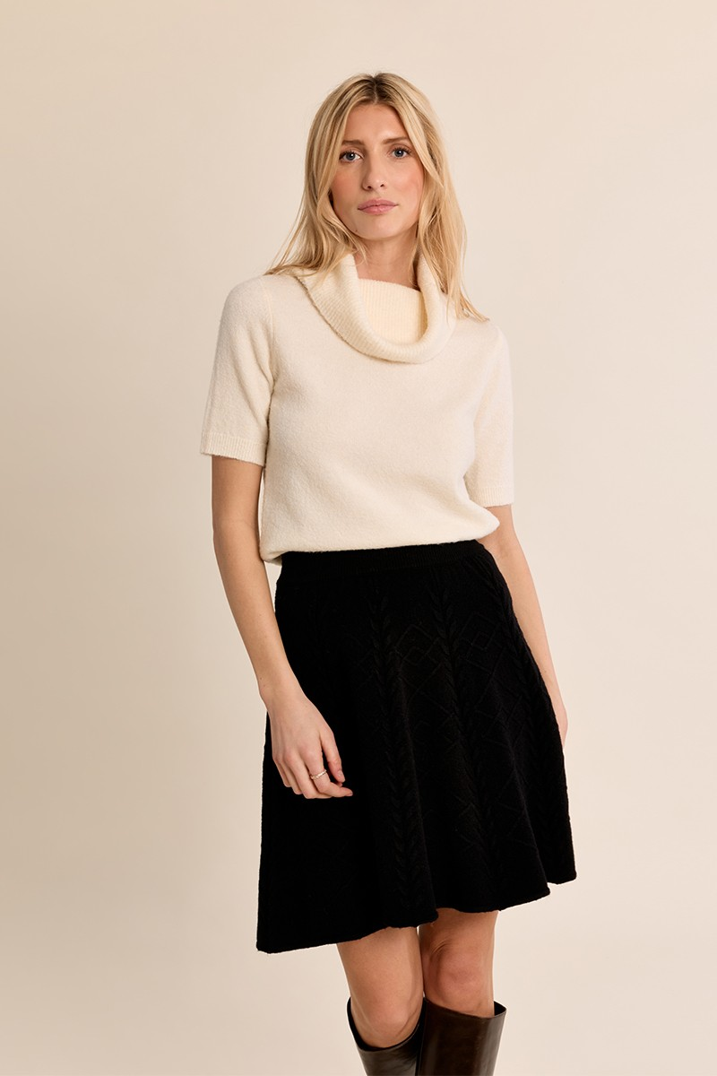Ivy Sweater by Molly Bracken in cream, short sleeve knit with draped cowl neck, front view