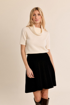 Ivy Sweater by Molly Bracken in cream, short sleeve knit with draped cowl neck, front view