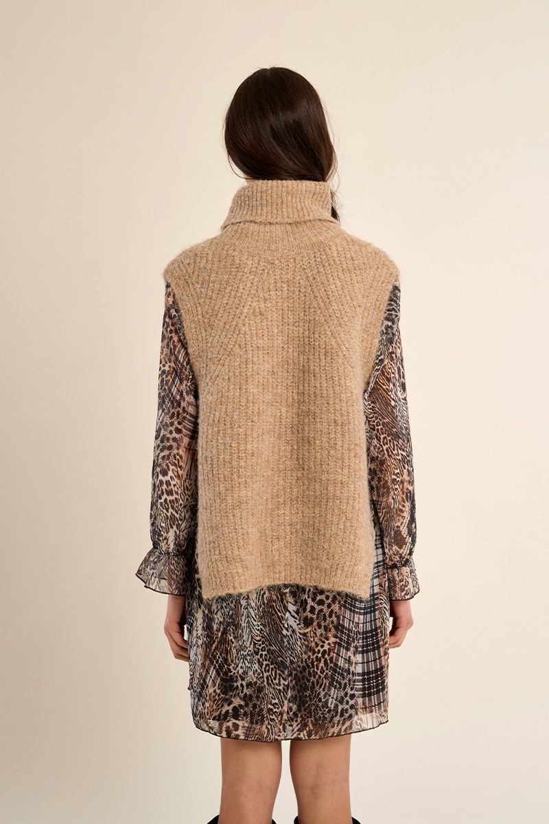 EstelleSweater by Molly Bracken in camel, sleeveless fuzzy ribbed knit with turtleneck and straight hem, back view