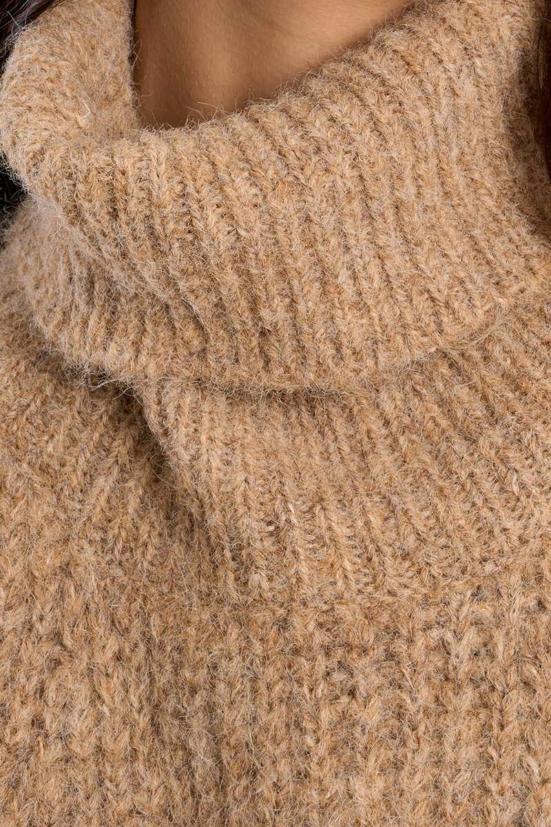 Estelle Sweater by Molly Bracken, close-up of folded turtleneck and fuzzy camel ribbed knit texture