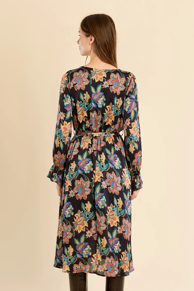 Helene Long Knotted Floral Dress by Molly Bracken, black multicolor floral print, long sleeves, back view