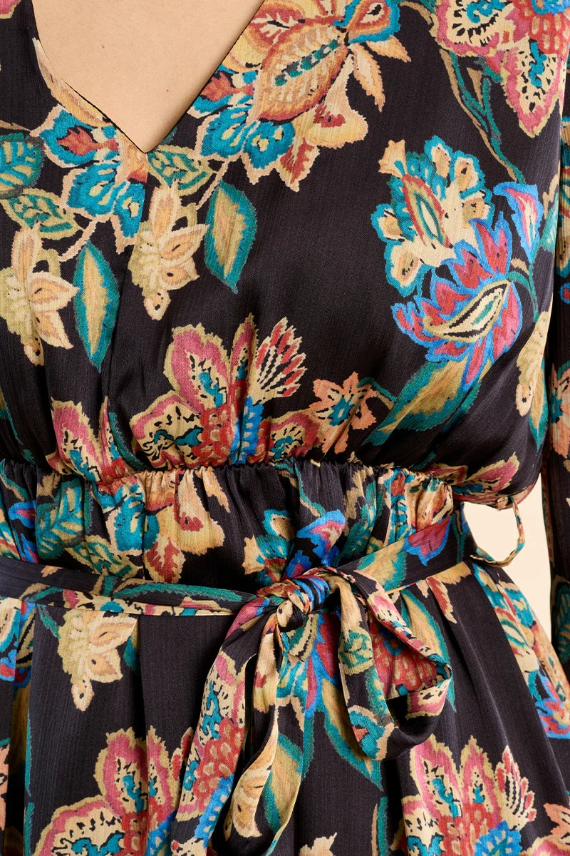 Helene Long Knotted Floral Dress by Molly Bracken, close-up of ruffled elastic cuff and floral print
