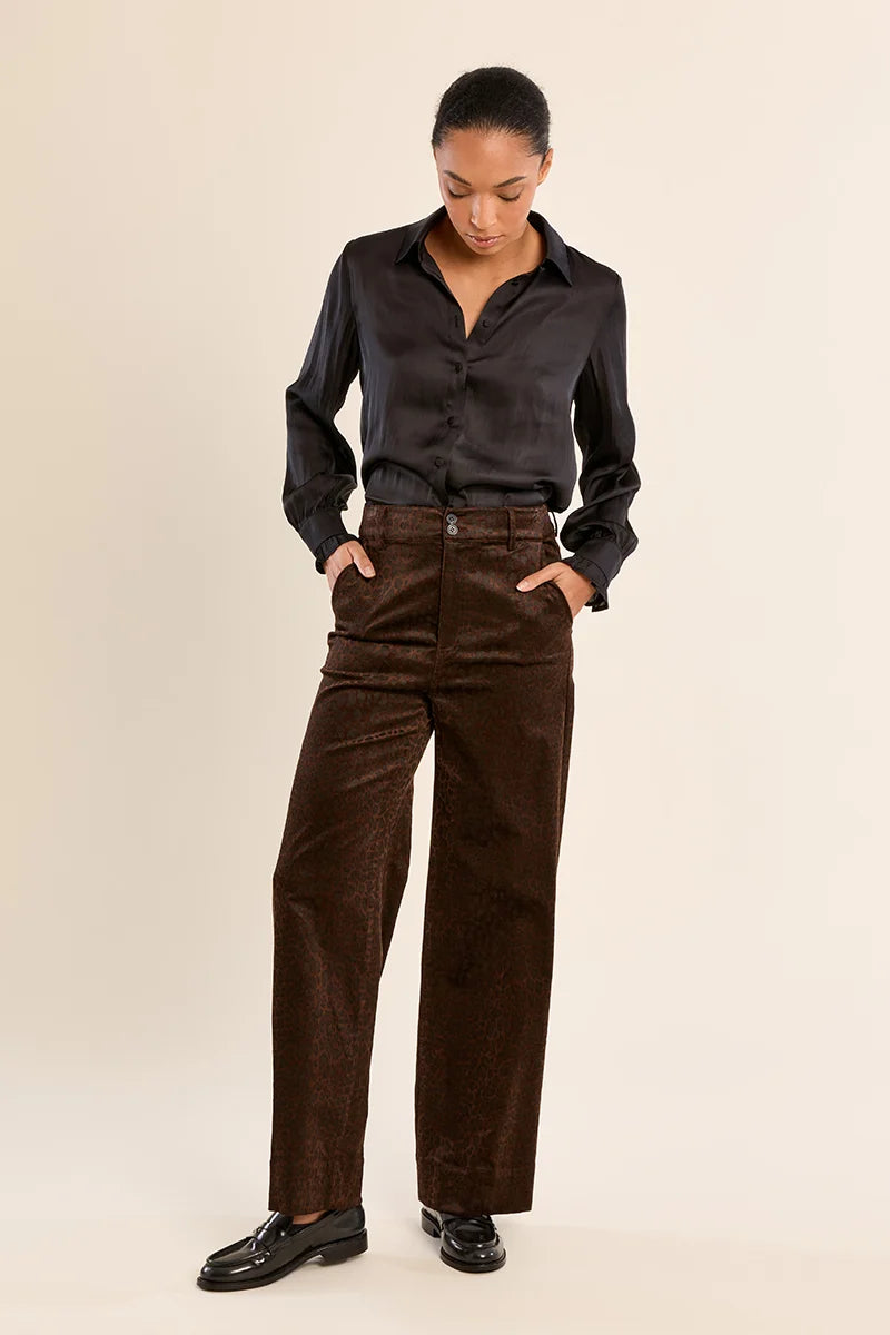 Finley Trousers by Molly Bracken in brown satin animal print, high waist and straight leg, full-length front view