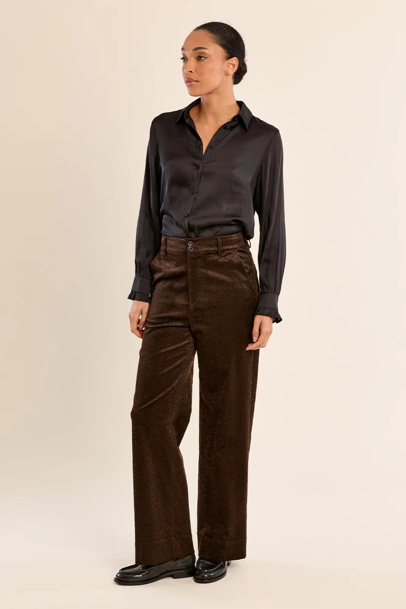  Finley Trousers by Molly Bracken in brown satin animal print, straight leg and high waist, angled side view