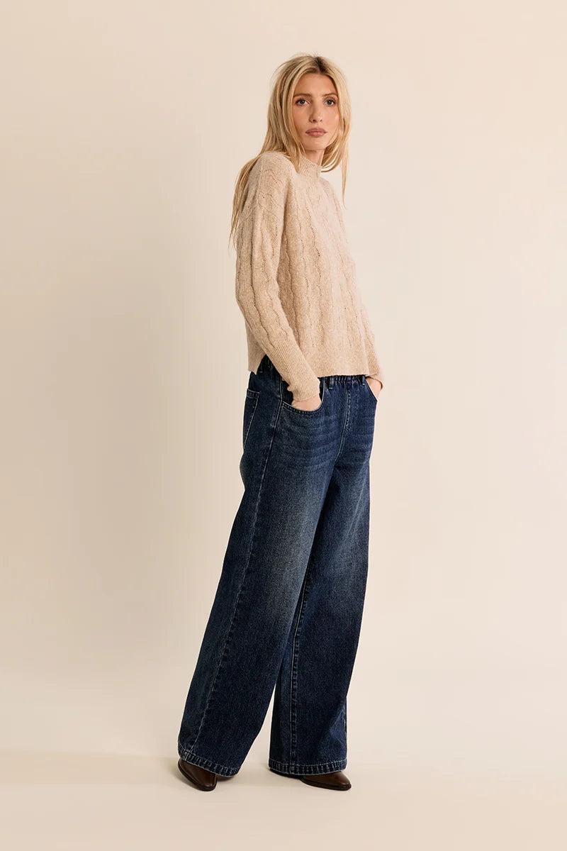very Sweater by Molly Bracken in golden beige openwork knit with high collar and straight fit, full-length side view