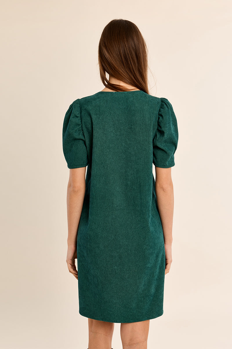 short-sleeve V-neck mini dress in emerald green with puffed short sleeves