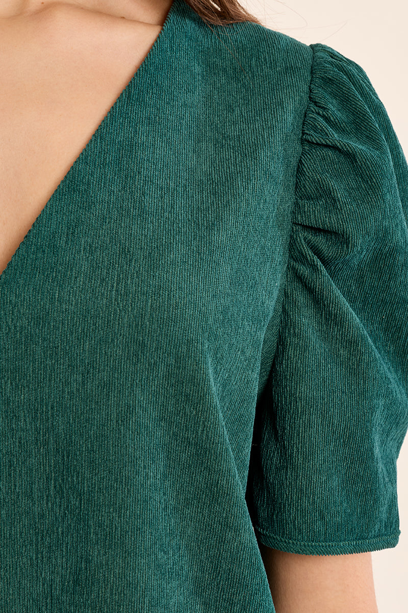 short-sleeve V-neck mini dress in emerald green with puffed short sleeves