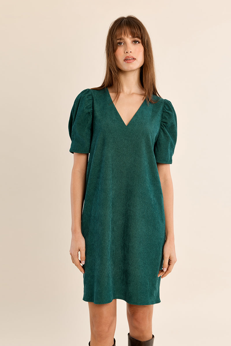 short-sleeve V-neck mini dress in emerald green with puffed short sleeves