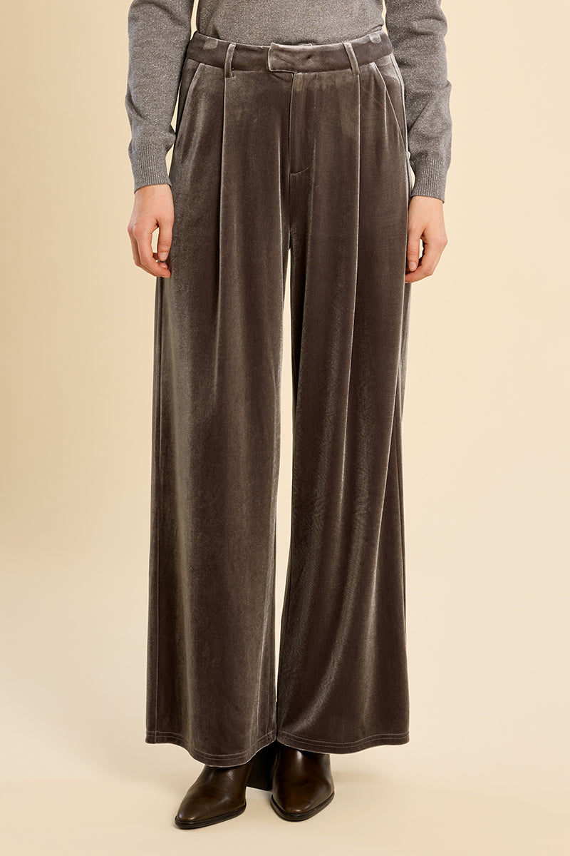 gray wide-leg velvet trousers