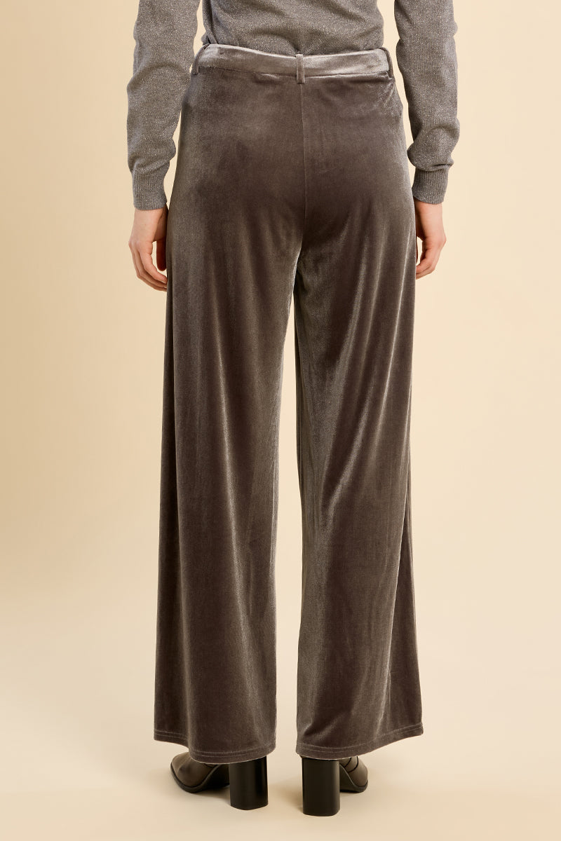 gray wide-leg velvet trousers