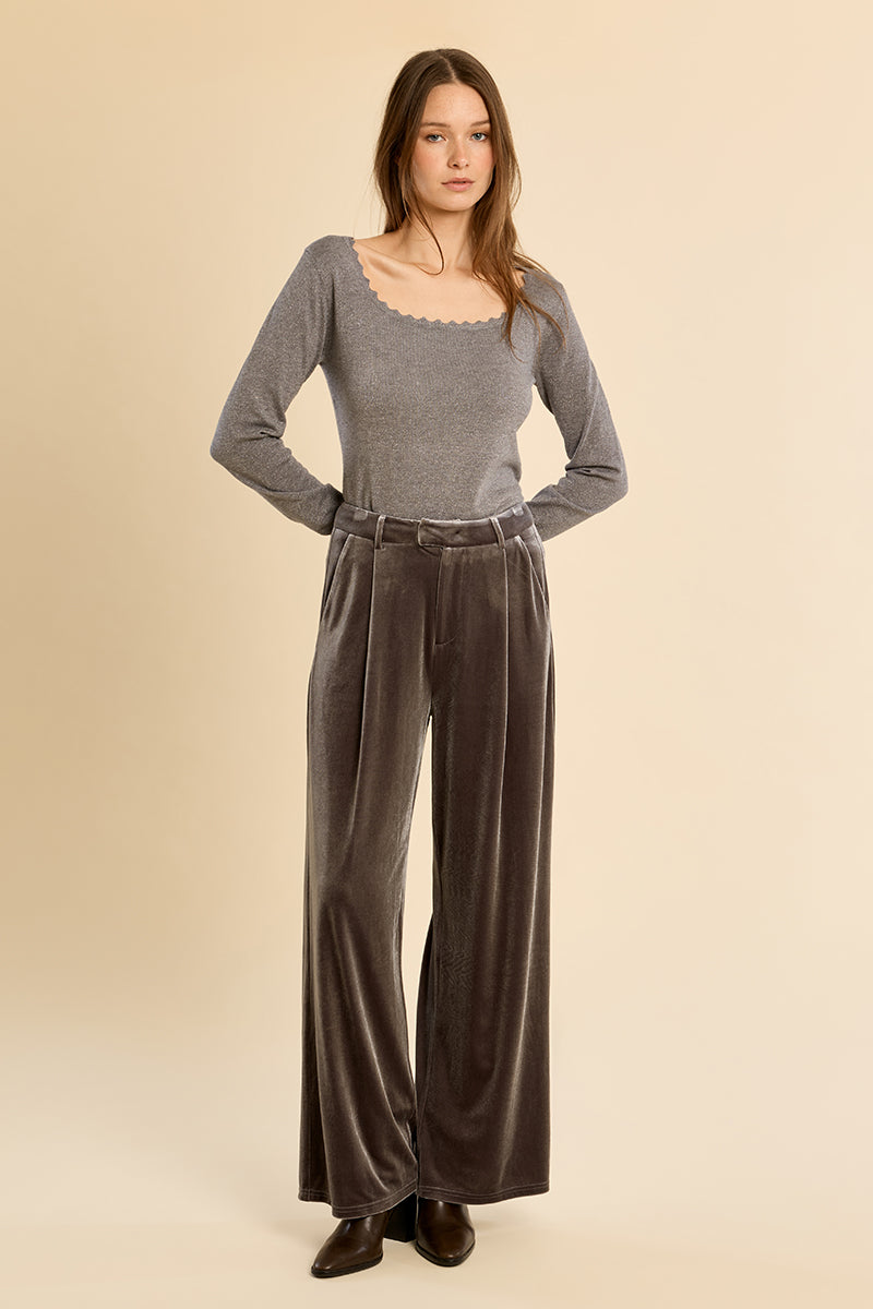 gray wide-leg velvet trousers