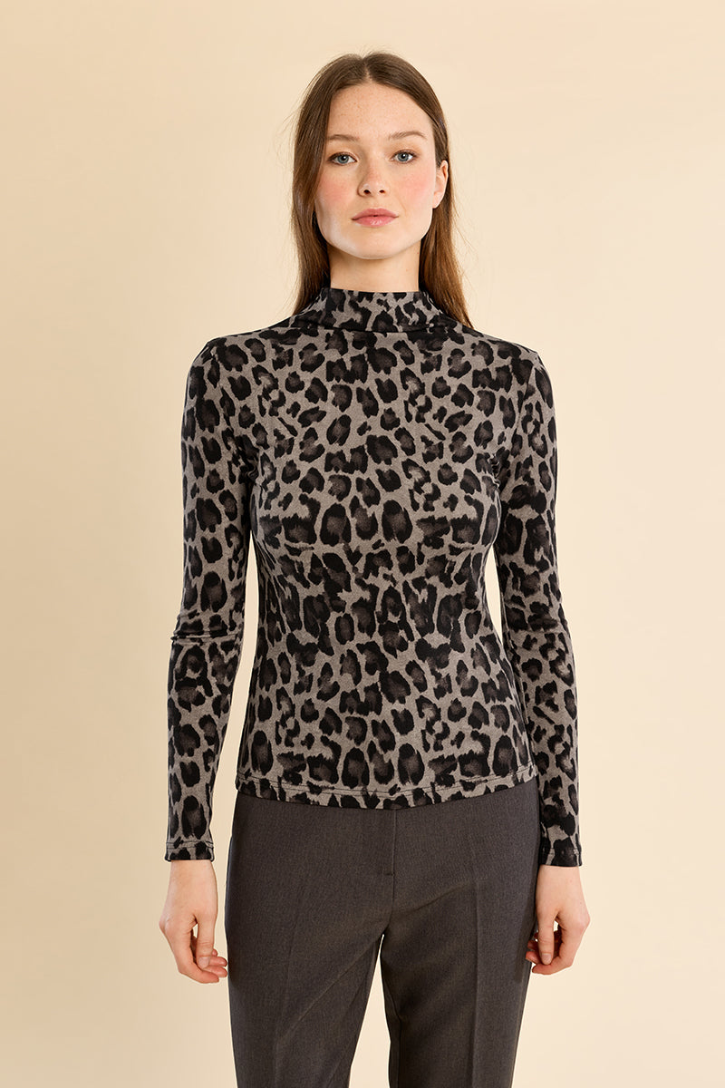 black and gray leopard-print mock neck long-sleeve top