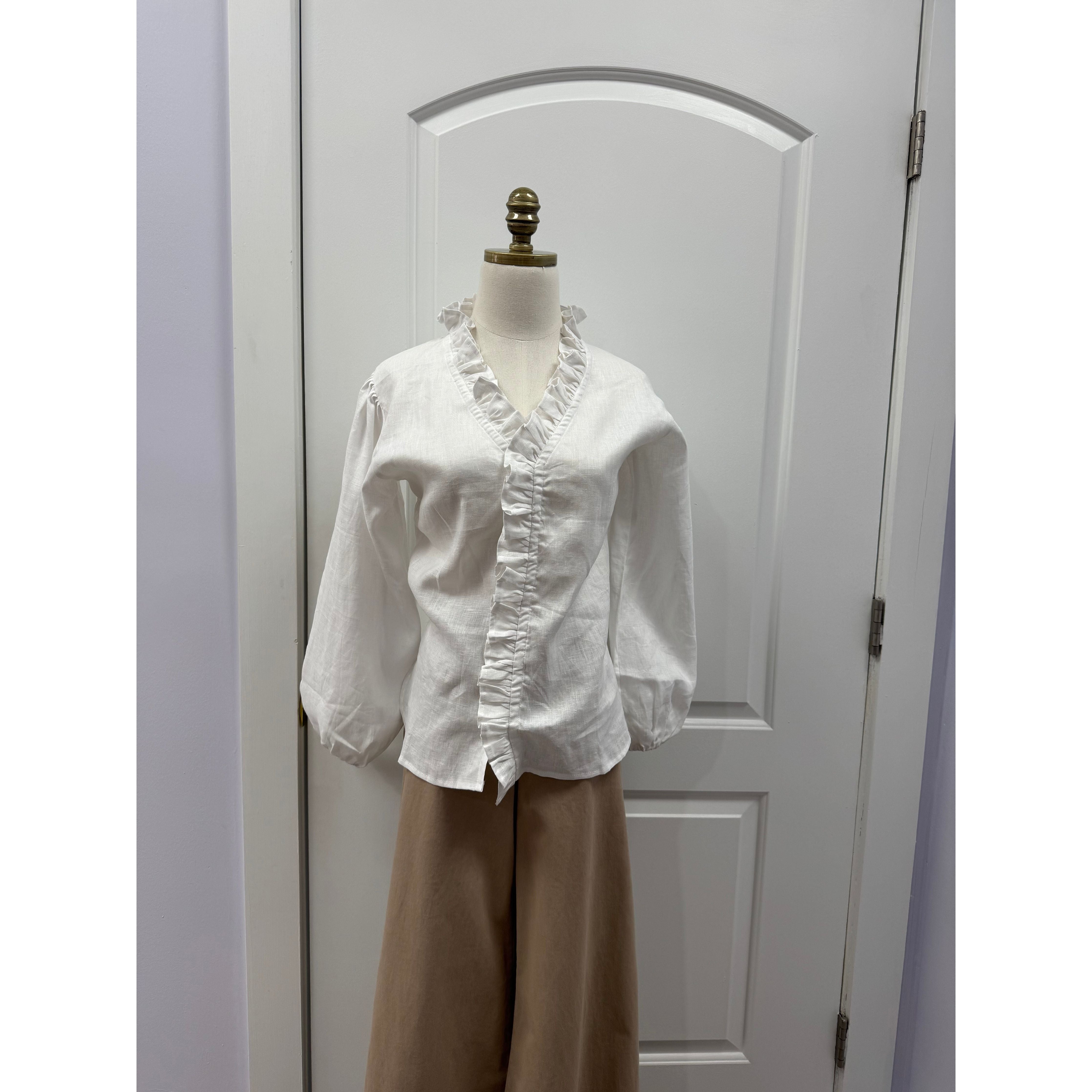 LJCDesignsOliveRuffleShirtwhitelinen