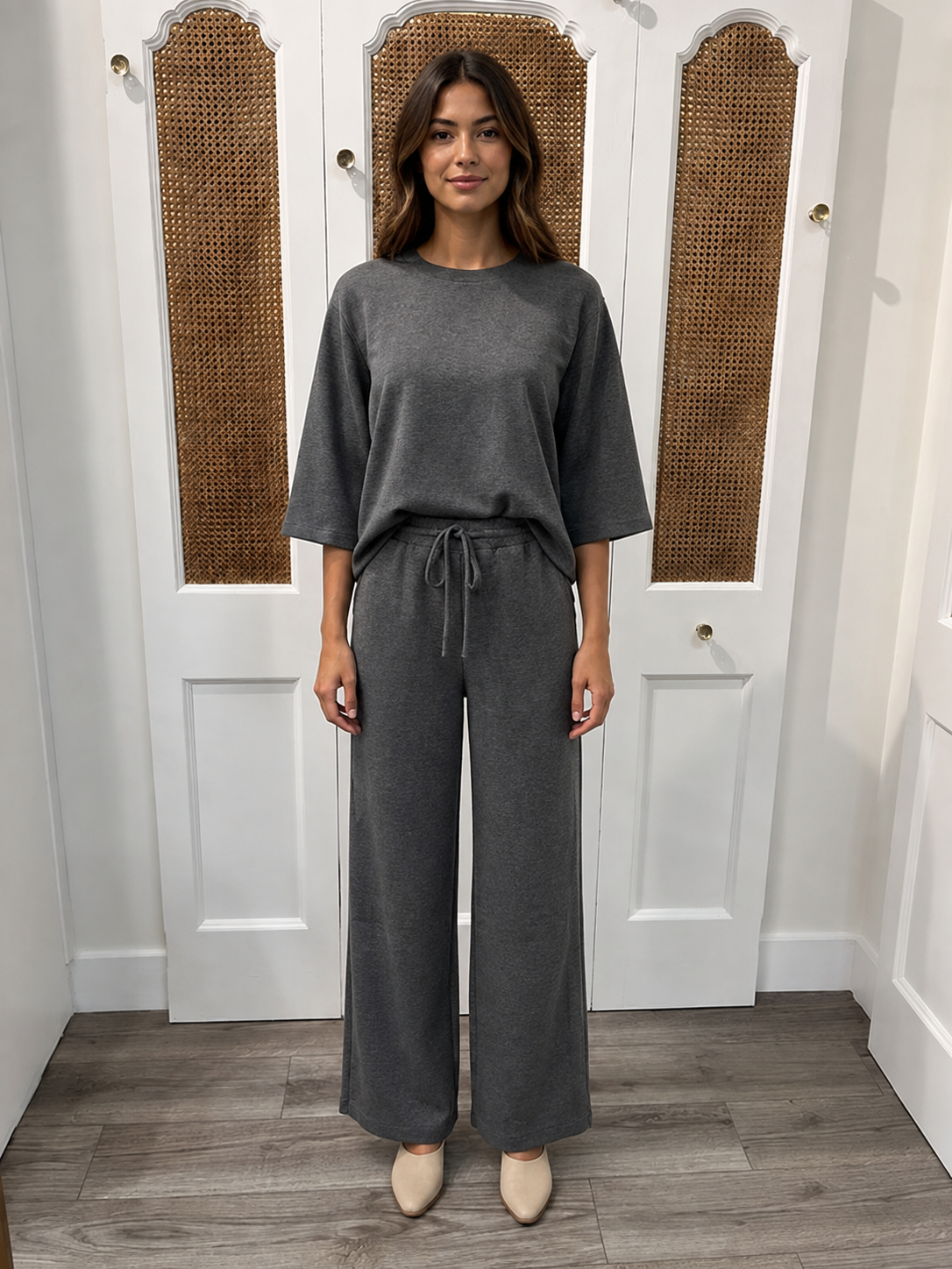 Presley Top Charcoal by P.Cill — 3/4 sleeve Butter Modal round neck top, front view