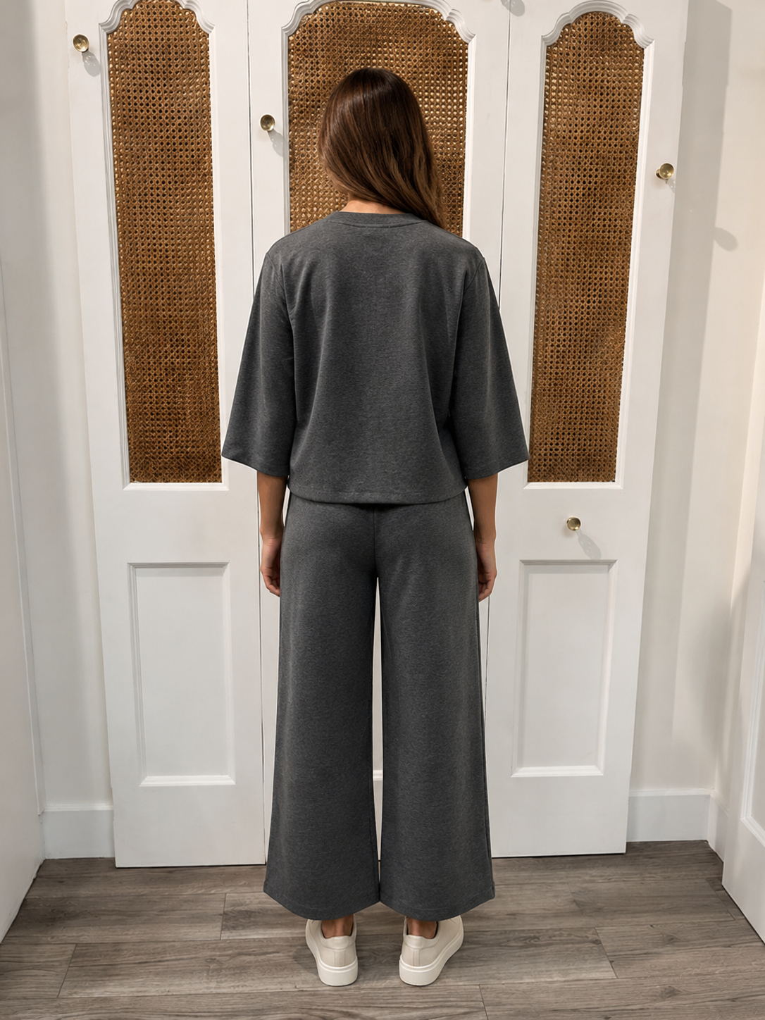 Presley Top Charcoal by P.Cill — 3/4 sleeve Butter Modal round neck top, back view