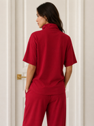 P Cill Peggy Top in cherry red, short-sleeve quarter-zip collared top in Butter Modal blend, back view Style # PT11004