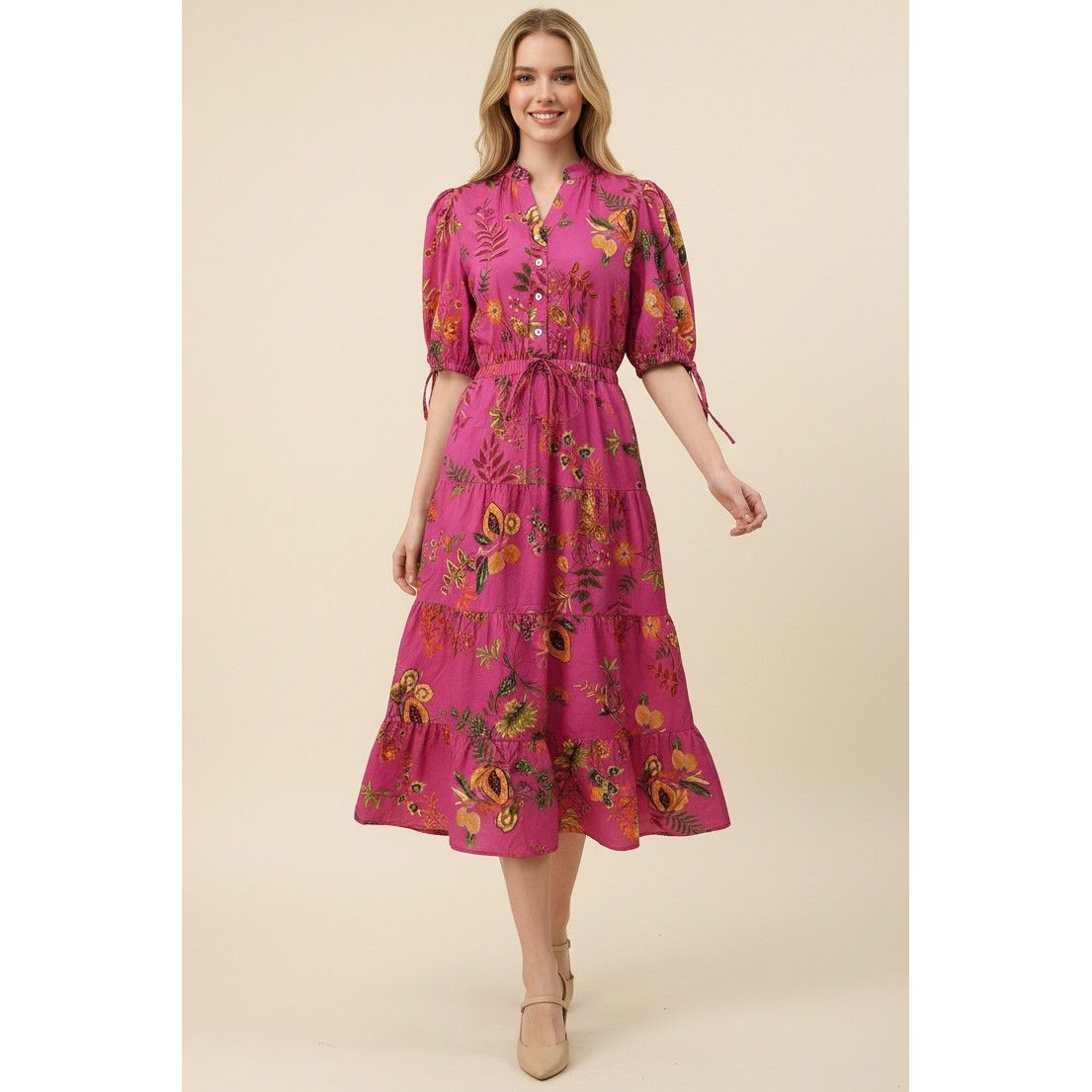 Lizzie Dress magenta botanical floral print midi, button placket, drawstring waist, puff sleeves, tiered skirt - Marj & Lizzie