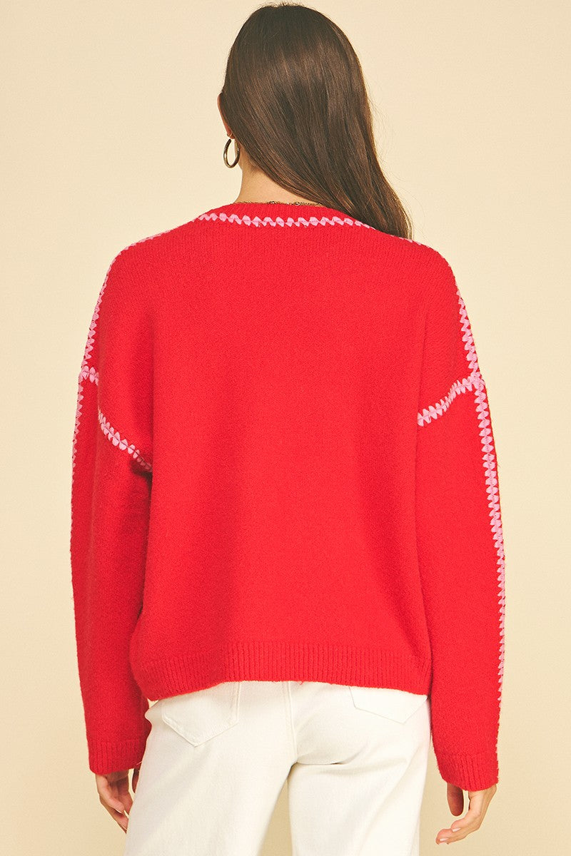 Blaire Sweater 7520W by Pinch red drop shoulder sweater with pink stitch detail at collar and seams, back view