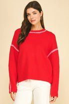 Blaire Sweater 7520W by Pinch red crew neck knit with pink stitch embroidery, drop shoulder, front view
