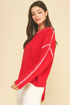 Blaire Sweater 7520W by Pinch red textured knit with pink embroidered stitch trim, long sleeve side view