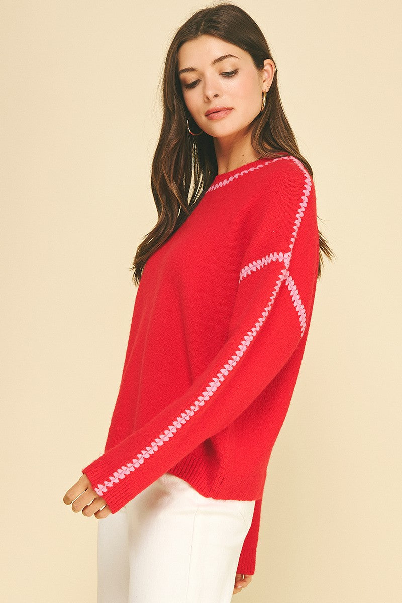 Blaire Sweater 7520W by Pinch red textured knit with pink embroidered stitch trim, long sleeve side view