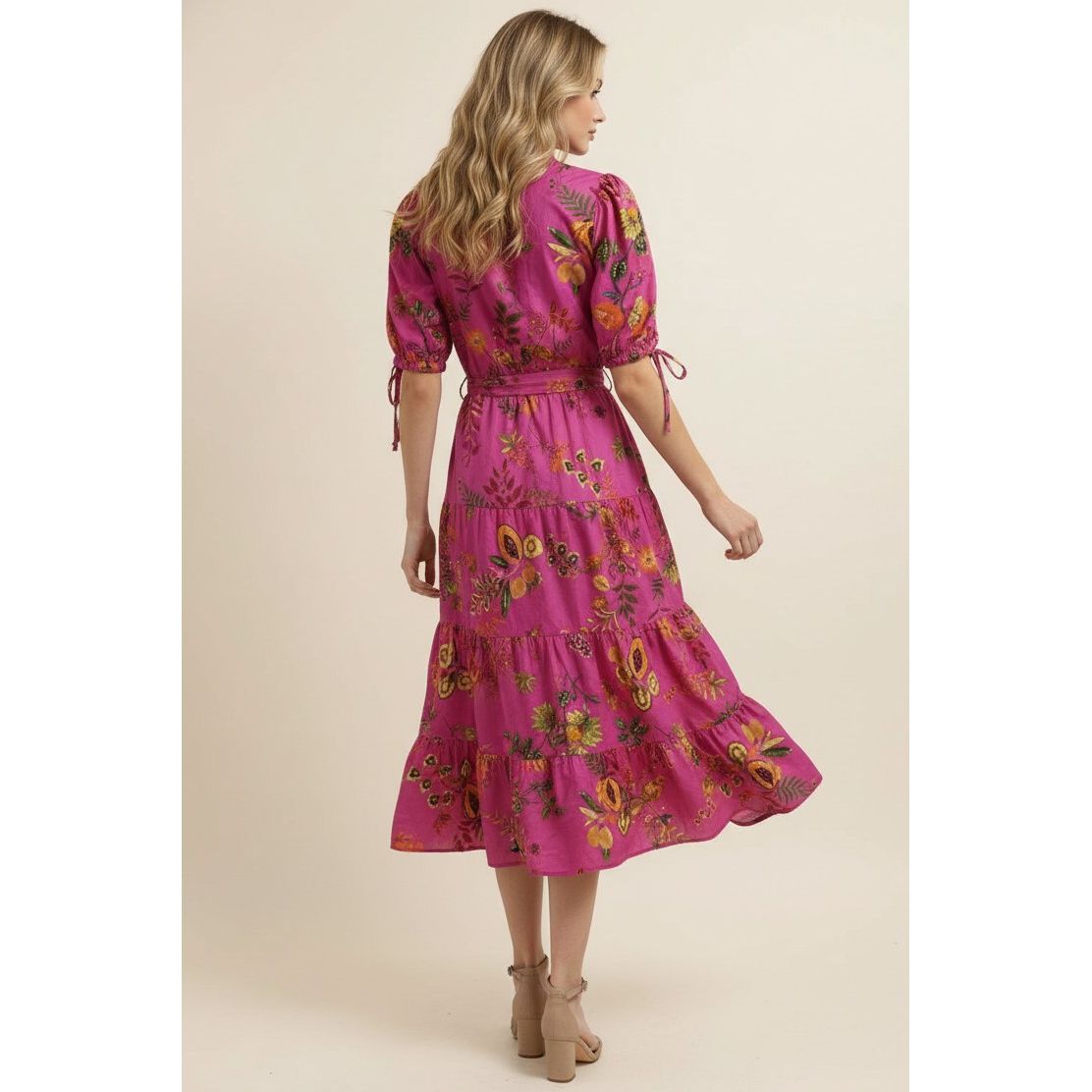 Lizzie Dress magenta botanical print midi back view, puff sleeves with tie cuffs, tiered skirt - Marj & Lizzie
